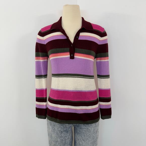 Kate Spade Striped Wool Polo Sweater Long Sleeve Collar Multicolor Maroon Size S - Picture 2 of 10